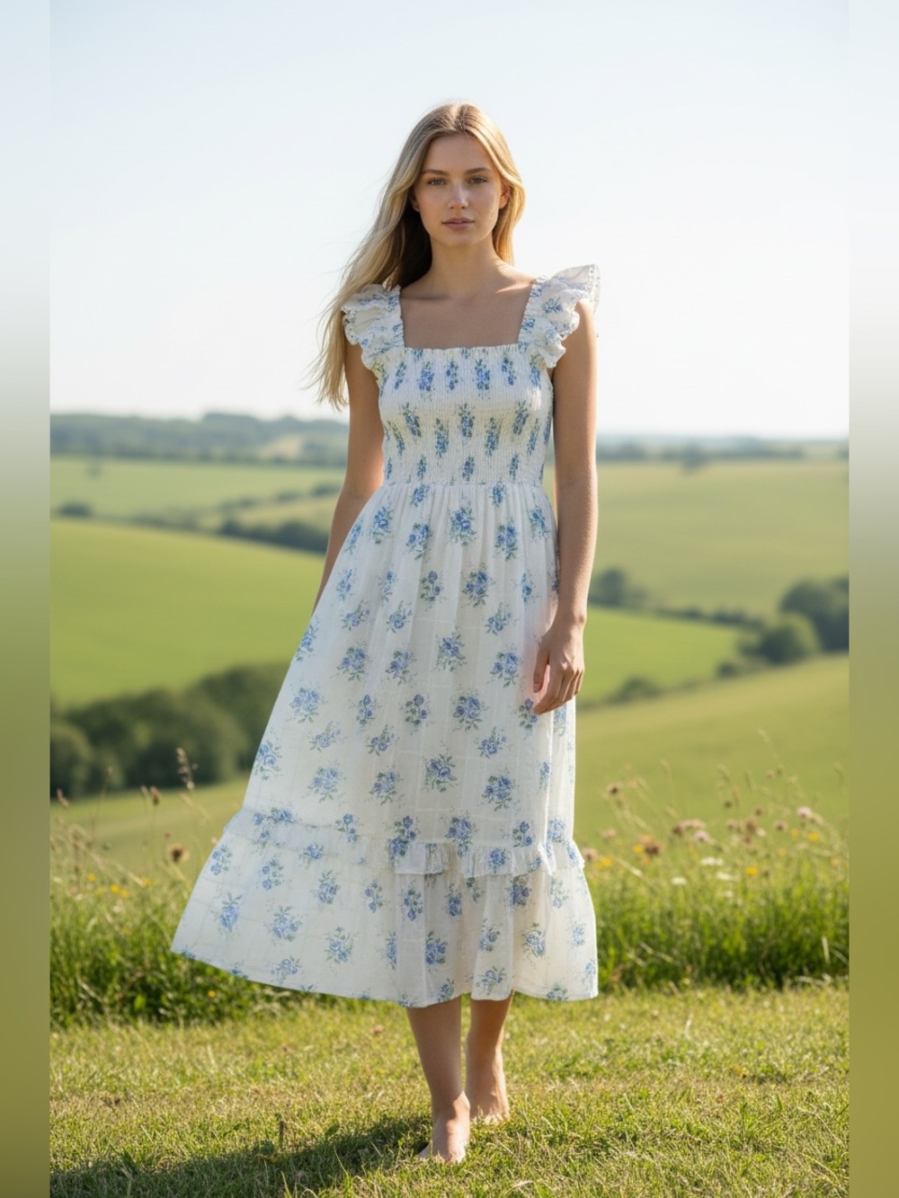SHABBY CHIC Smocked Cotton Midi Dress Blue Floral Flutter Sleeves 6